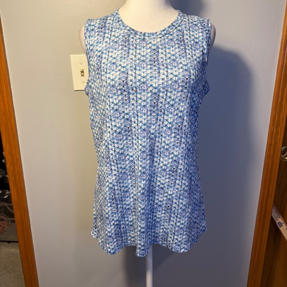 Rebecca Taylor Blue‎ White Geometric Print 100% Linen Sleeveless Top Minimalist